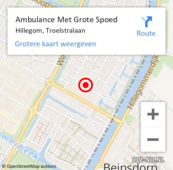 Locatie op kaart van de 112 melding: Ambulance Met Grote Spoed Naar Hillegom, Troelstralaan op 29 oktober 2021 15:38