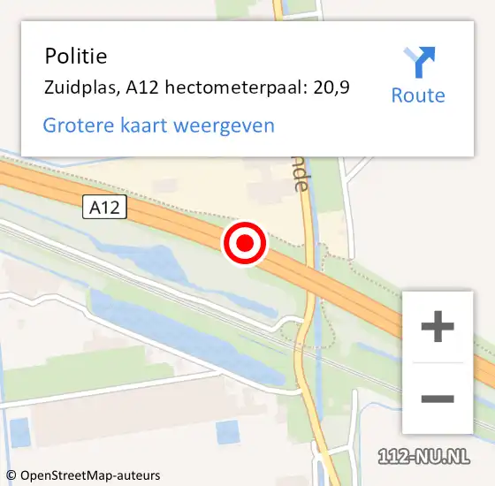 Locatie op kaart van de 112 melding: Politie Zuidplas, A12 hectometerpaal: 20,9 op 29 oktober 2021 16:05