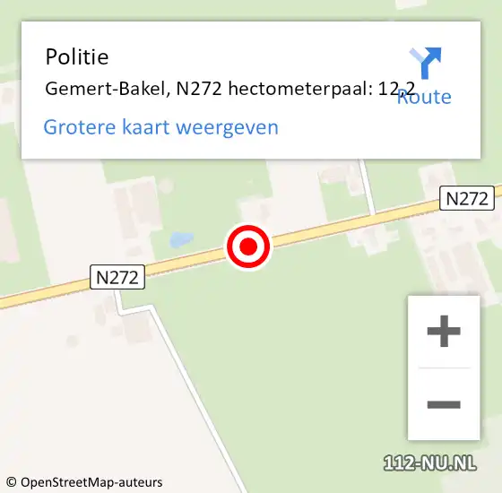 Locatie op kaart van de 112 melding: Politie Gemert-Bakel, N272 hectometerpaal: 12,2 op 29 oktober 2021 16:26