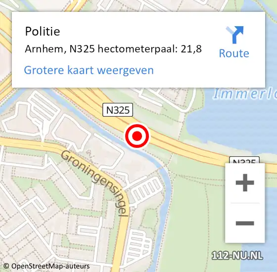 Locatie op kaart van de 112 melding: Politie Arnhem, N325 hectometerpaal: 21,8 op 29 oktober 2021 16:48