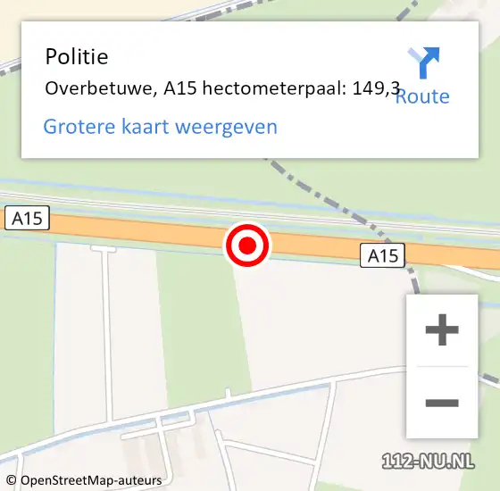 Locatie op kaart van de 112 melding: Politie Overbetuwe, A15 hectometerpaal: 149,3 op 29 oktober 2021 18:18