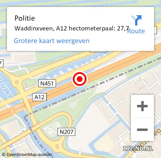 Locatie op kaart van de 112 melding: Politie Waddinxveen, A12 hectometerpaal: 27,7 op 29 oktober 2021 18:55