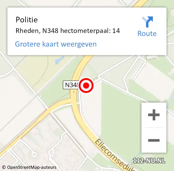 Locatie op kaart van de 112 melding: Politie Rheden, N348 hectometerpaal: 14 op 29 oktober 2021 22:21