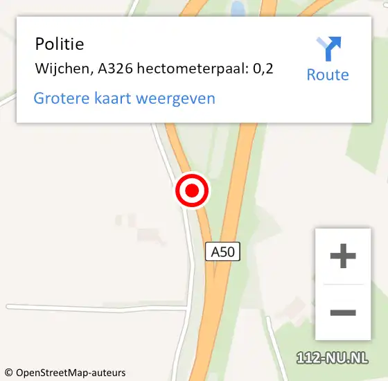 Locatie op kaart van de 112 melding: Politie Wijchen, A326 hectometerpaal: 0,2 op 29 oktober 2021 23:53