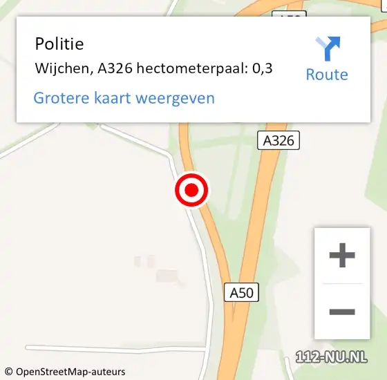 Locatie op kaart van de 112 melding: Politie Wijchen, A326 hectometerpaal: 0,3 op 29 oktober 2021 23:54