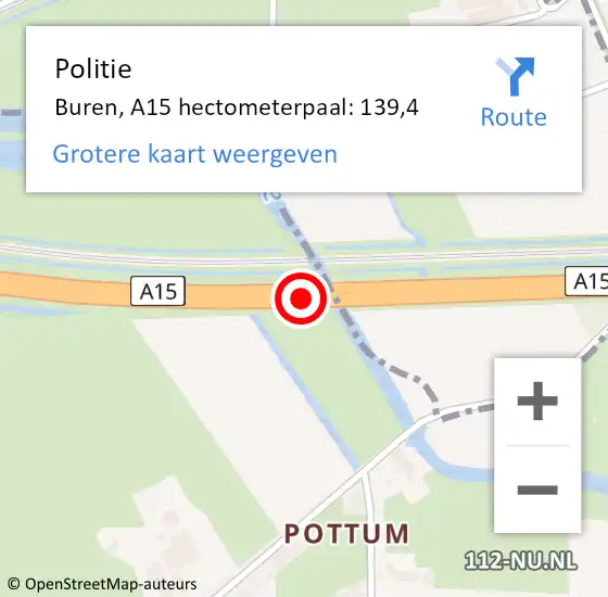 Locatie op kaart van de 112 melding: Politie Buren, A15 hectometerpaal: 139,4 op 30 oktober 2021 10:20