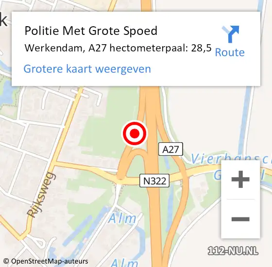 Locatie op kaart van de 112 melding: Politie Met Grote Spoed Naar Werkendam, A27 hectometerpaal: 28,5 op 30 oktober 2021 10:44