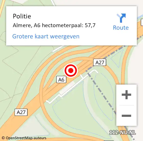 Locatie op kaart van de 112 melding: Politie Almere, A6 hectometerpaal: 57,7 op 30 oktober 2021 12:27