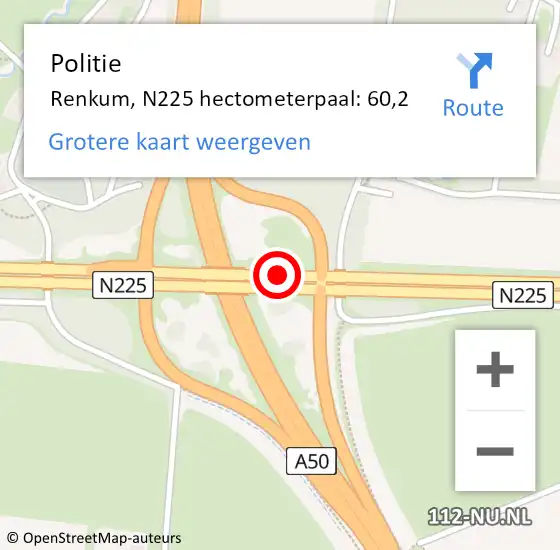 Locatie op kaart van de 112 melding: Politie Renkum, N225 hectometerpaal: 60,2 op 30 oktober 2021 15:20