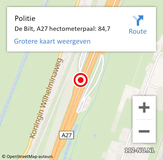 Locatie op kaart van de 112 melding: Politie De Bilt, A27 hectometerpaal: 84,7 op 30 oktober 2021 16:04