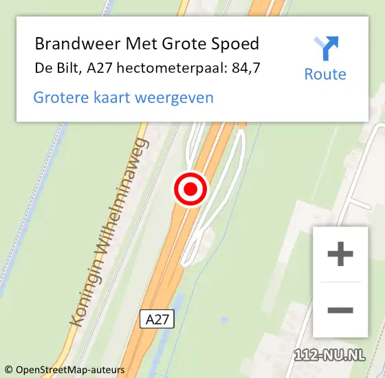 Locatie op kaart van de 112 melding: Brandweer Met Grote Spoed Naar De Bilt, A27 hectometerpaal: 84,7 op 30 oktober 2021 16:05