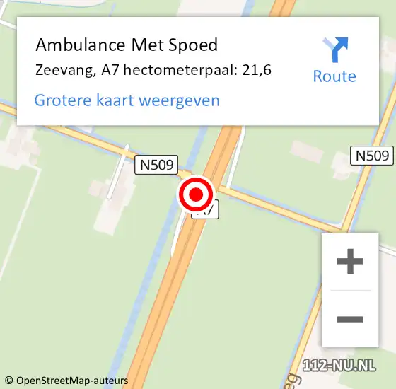 Locatie op kaart van de 112 melding: Ambulance Met Spoed Naar Zeevang, A7 hectometerpaal: 21,6 op 30 oktober 2021 16:05