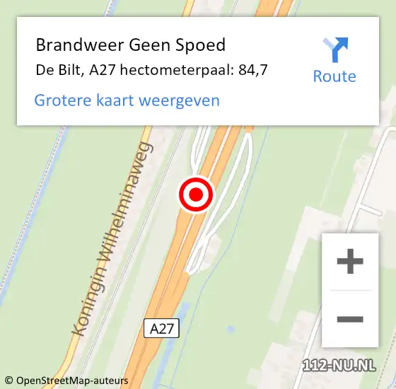 Locatie op kaart van de 112 melding: Brandweer Geen Spoed Naar De Bilt, A27 hectometerpaal: 84,7 op 30 oktober 2021 16:06