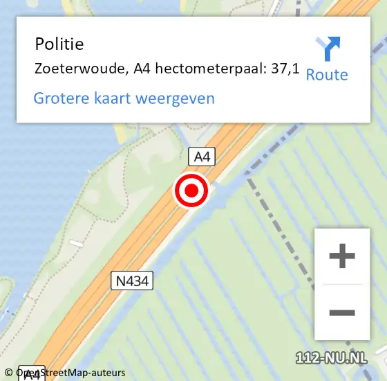 Locatie op kaart van de 112 melding: Politie Zoeterwoude, A4 hectometerpaal: 37,1 op 30 oktober 2021 16:25