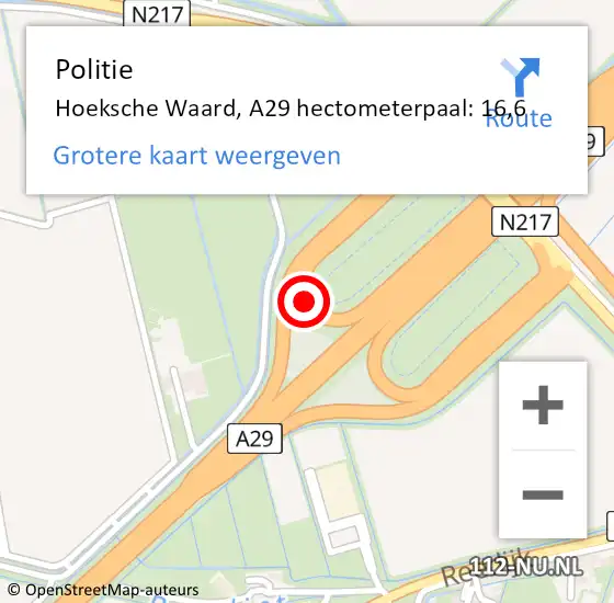 Locatie op kaart van de 112 melding: Politie Binnenmaas, A29 hectometerpaal: 16,6 op 30 oktober 2021 17:02