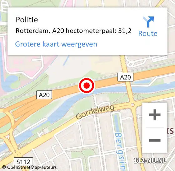 Locatie op kaart van de 112 melding: Politie Rotterdam, A20 hectometerpaal: 31,2 op 30 oktober 2021 17:38