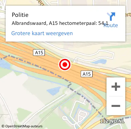 Locatie op kaart van de 112 melding: Politie Albrandswaard, A15 hectometerpaal: 54,1 op 30 oktober 2021 17:43