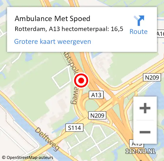 Locatie op kaart van de 112 melding: Ambulance Met Spoed Naar Rotterdam, A13 hectometerpaal: 16,5 op 30 oktober 2021 17:53