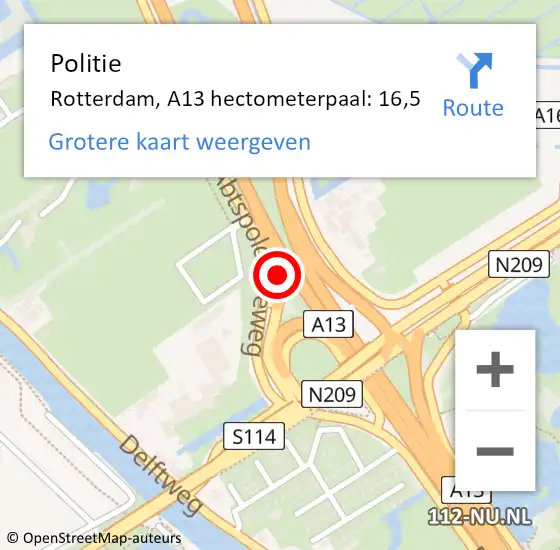 Locatie op kaart van de 112 melding: Politie Rotterdam, A13 hectometerpaal: 16,5 op 30 oktober 2021 17:54