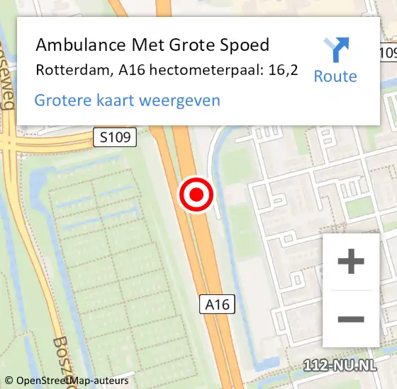 Locatie op kaart van de 112 melding: Ambulance Met Grote Spoed Naar Rotterdam, A16 hectometerpaal: 16,2 op 30 oktober 2021 17:58