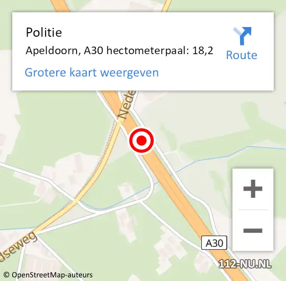 Locatie op kaart van de 112 melding: Politie Apeldoorn, A30 hectometerpaal: 18,2 op 30 oktober 2021 18:15