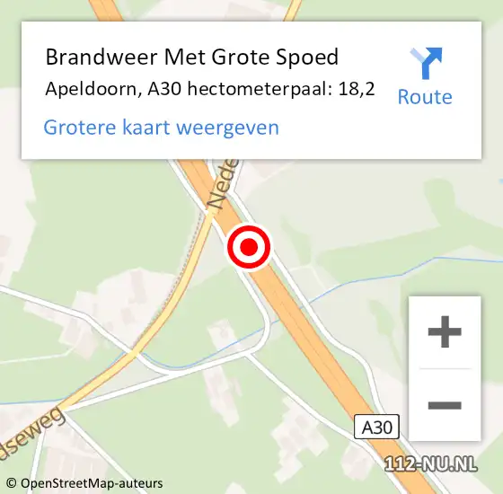 Locatie op kaart van de 112 melding: Brandweer Met Grote Spoed Naar Apeldoorn, A30 hectometerpaal: 18,2 op 30 oktober 2021 18:15