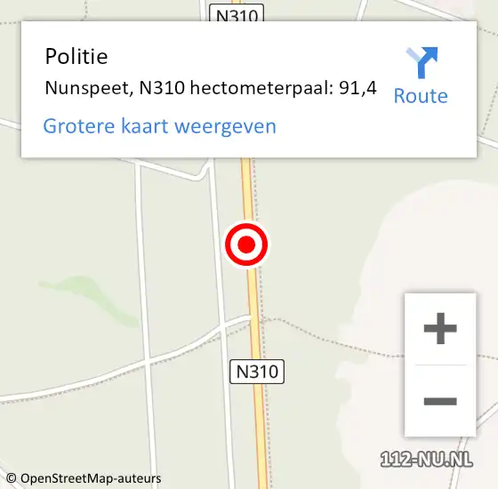 Locatie op kaart van de 112 melding: Politie Nunspeet, N310 hectometerpaal: 91,4 op 30 oktober 2021 18:16