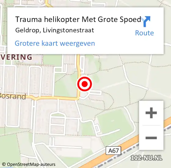 Locatie op kaart van de 112 melding: Trauma helikopter Met Grote Spoed Naar Geldrop, Livingstonestraat op 30 oktober 2021 18:23