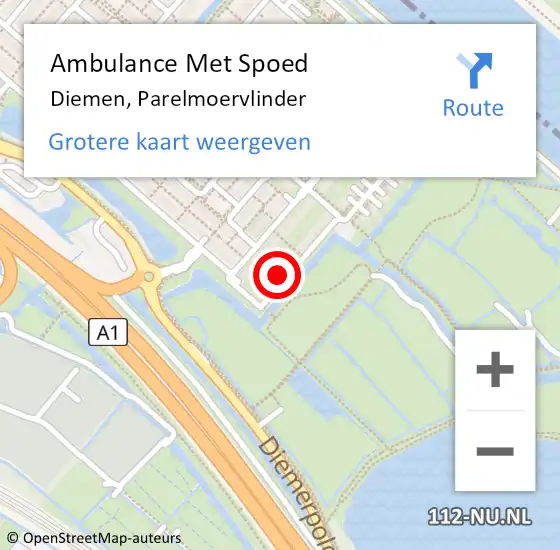Locatie op kaart van de 112 melding: Ambulance Met Spoed Naar Diemen, Parelmoervlinder op 30 oktober 2021 19:01