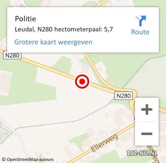 Locatie op kaart van de 112 melding: Politie Leudal, N280 hectometerpaal: 5,7 op 30 oktober 2021 23:38