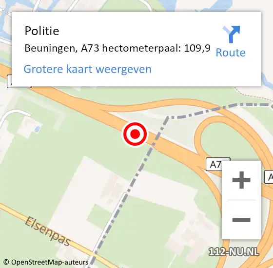 Locatie op kaart van de 112 melding: Politie Beuningen, A73 hectometerpaal: 109,9 op 31 oktober 2021 05:59