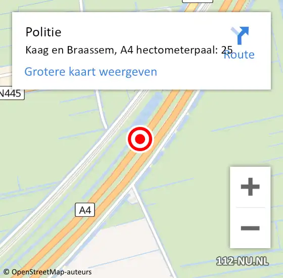 Locatie op kaart van de 112 melding: Politie Kaag en Braassem, A4 hectometerpaal: 25 op 31 oktober 2021 07:29