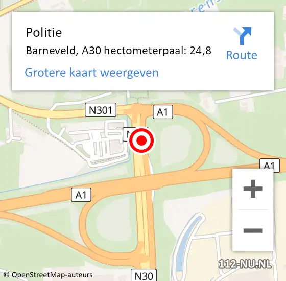 Locatie op kaart van de 112 melding: Politie Barneveld, A30 hectometerpaal: 24,8 op 31 oktober 2021 07:31