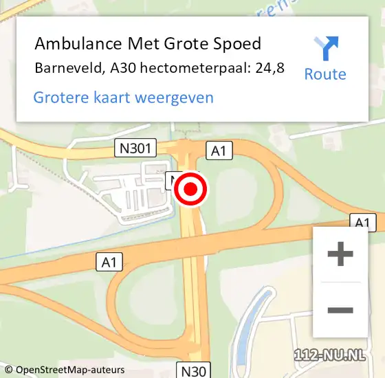 Locatie op kaart van de 112 melding: Ambulance Met Grote Spoed Naar Barneveld, A30 hectometerpaal: 24,8 op 31 oktober 2021 07:32