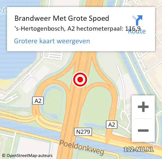 Locatie op kaart van de 112 melding: Brandweer Met Grote Spoed Naar 's-Hertogenbosch, A2 hectometerpaal: 116,9 op 31 oktober 2021 07:51