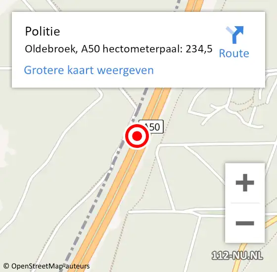 Locatie op kaart van de 112 melding: Politie Oldebroek, A50 hectometerpaal: 234,5 op 31 oktober 2021 11:16