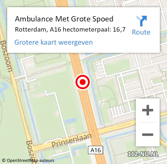 Locatie op kaart van de 112 melding: Ambulance Met Grote Spoed Naar Rotterdam, A16 hectometerpaal: 16,7 op 31 oktober 2021 15:25