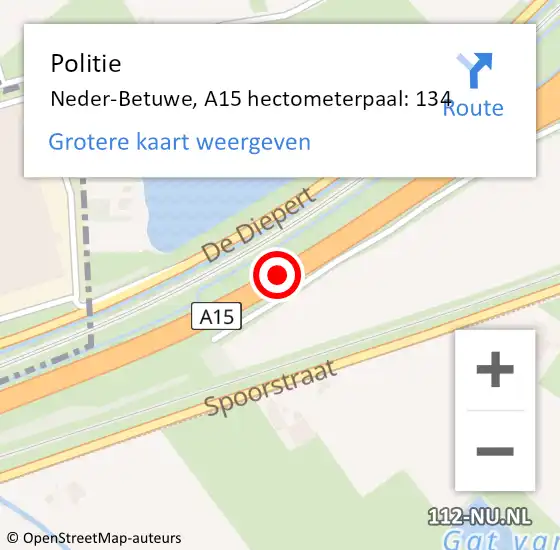 Locatie op kaart van de 112 melding: Politie Neder-Betuwe, A15 hectometerpaal: 134 op 31 oktober 2021 16:02