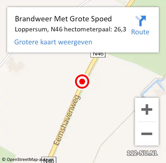 Locatie op kaart van de 112 melding: Brandweer Met Grote Spoed Naar Loppersum, N46 hectometerpaal: 26,3 op 31 oktober 2021 16:37