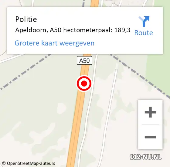 Locatie op kaart van de 112 melding: Politie Apeldoorn, A50 hectometerpaal: 189,3 op 31 oktober 2021 17:20