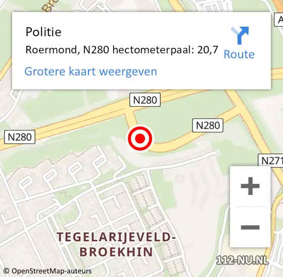 Locatie op kaart van de 112 melding: Politie Roermond, N280 hectometerpaal: 20,7 op 31 oktober 2021 18:37
