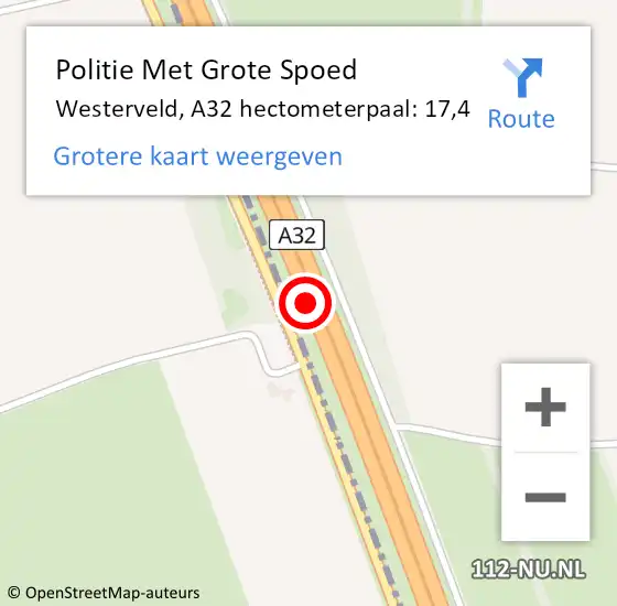 Locatie op kaart van de 112 melding: Politie Met Grote Spoed Naar Westerveld, A32 hectometerpaal: 17,4 op 31 oktober 2021 18:49