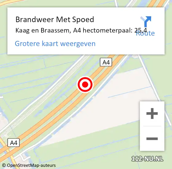 Locatie op kaart van de 112 melding: Brandweer Met Spoed Naar Kaag en Braassem, A4 hectometerpaal: 25,4 op 31 oktober 2021 20:09