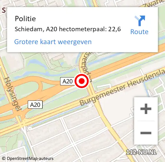 Locatie op kaart van de 112 melding: Politie Schiedam, A20 hectometerpaal: 22,6 op 1 november 2021 07:08