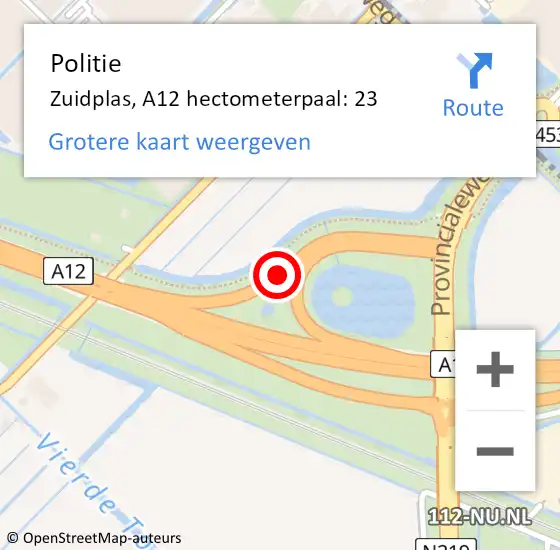 Locatie op kaart van de 112 melding: Politie Zuidplas, A12 hectometerpaal: 23 op 1 november 2021 08:21