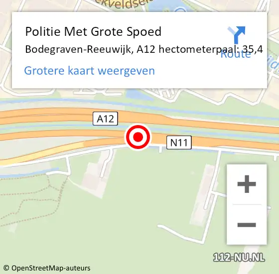 Locatie op kaart van de 112 melding: Politie Met Grote Spoed Naar Bodegraven-Reeuwijk, A12 hectometerpaal: 35,4 op 1 november 2021 08:24