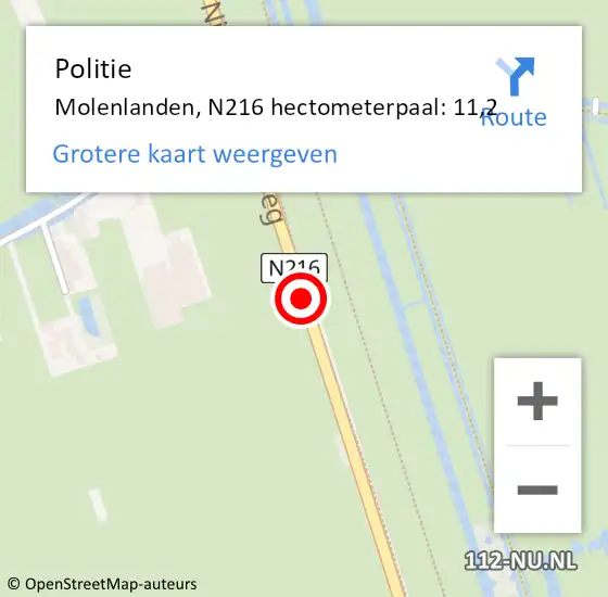 Locatie op kaart van de 112 melding: Politie Molenwaard, N216 hectometerpaal: 11,2 op 1 november 2021 08:28