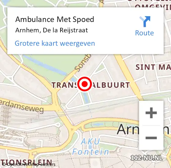 Locatie op kaart van de 112 melding: Ambulance Met Spoed Naar Arnhem, De la Reijstraat op 1 november 2021 09:28