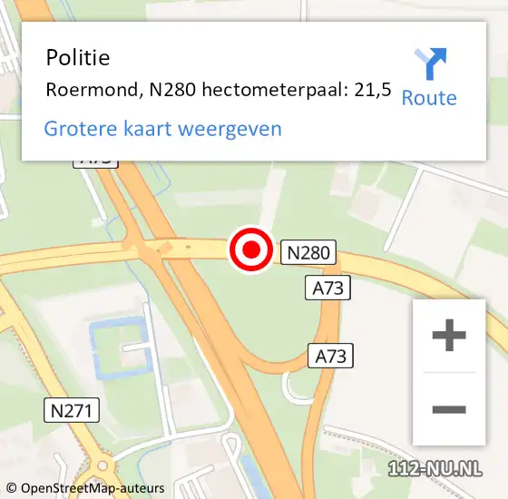 Locatie op kaart van de 112 melding: Politie Roermond, N280 hectometerpaal: 21,5 op 1 november 2021 09:41
