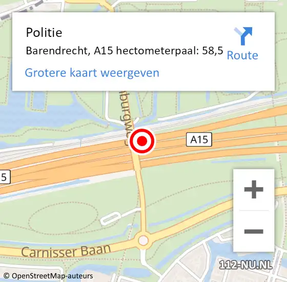 Locatie op kaart van de 112 melding: Politie Barendrecht, A15 hectometerpaal: 58,5 op 1 november 2021 12:00